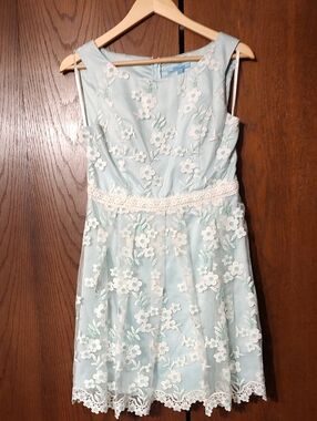 Minuet Petite Light Blue Mini Dress with White Floral Appliqué